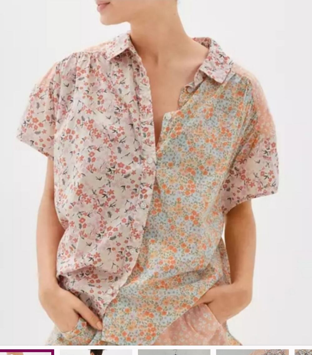 American Eagle Oversized Floral Patchwork Short Sleeve Top L